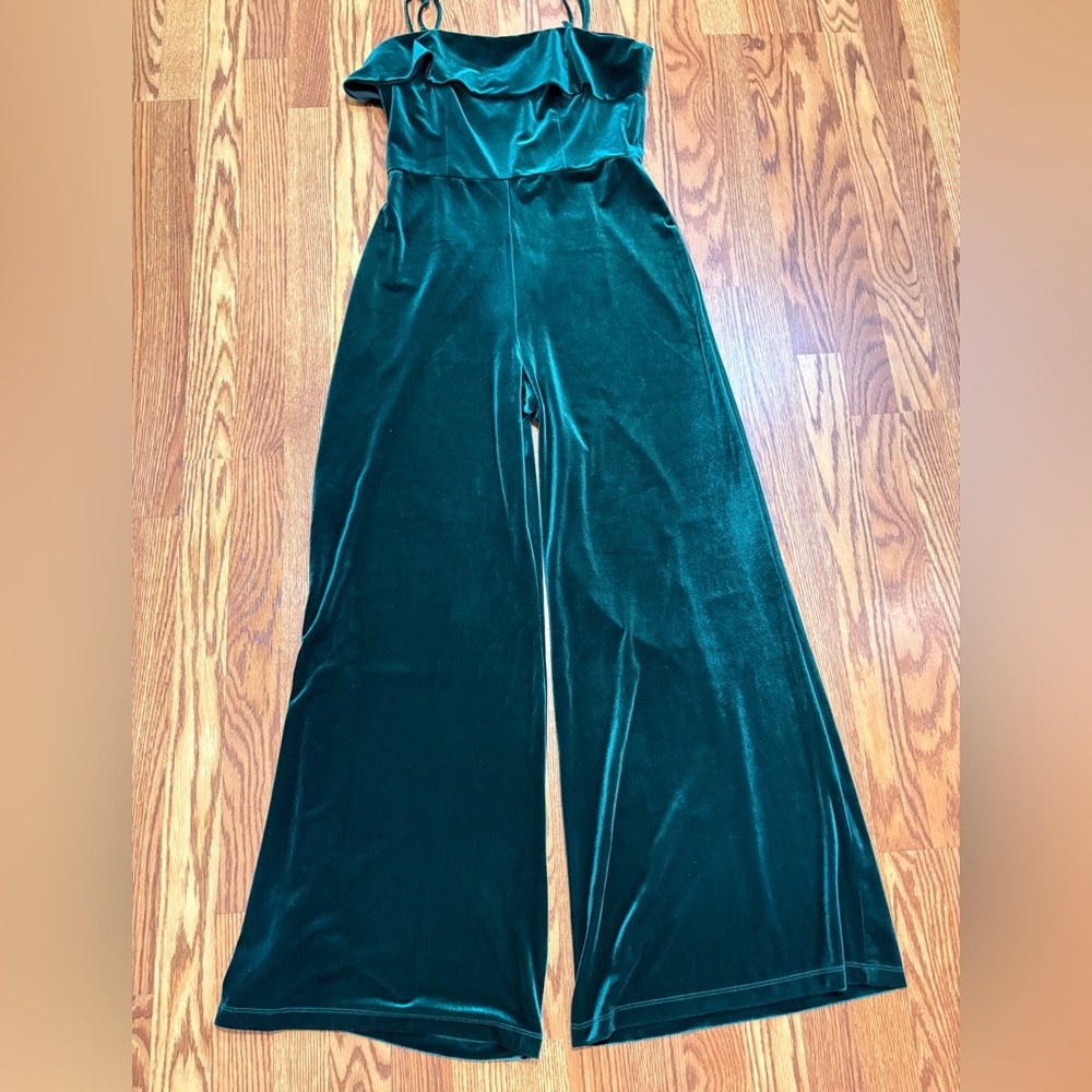 Corylynn Colter Anthropologie Emerald Green Velvet Wide Leg Jumpsuit Medium‎ - Picture 5 of 10